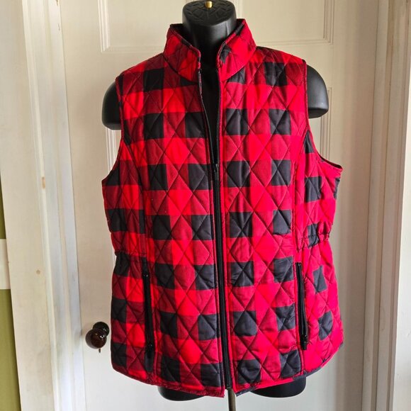 Relativity Jackets & Blazers - Relativity Women's Lightweight Quilted Vest Size XL Red Black Plaid Zip Front
